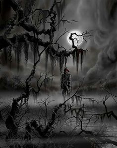 a man standing in the middle of a forest under a full moon with icicles on it