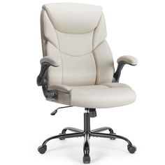 a white office chair sitting on top of a black base casteors wheels and armrests