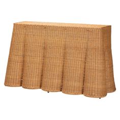 a brown wicker table cover with an attached shelf