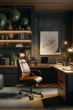 an office with a desk, chair and shelves filled with potted plants on it