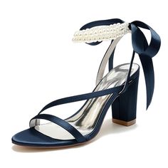 Shop Dark Blue Pearl Ankle Strap Sandals Chunky Heels Back Tie Bow Wedding Shoes color White for Honeymoon, Music Festival, Night Club, Party, Wedding with worldwide Free shipping & Free return. Bow Wedding Shoes, Ivory Heels Wedding, Flat Sandals Wedding, Colorful Wedding Shoes, Kitten Heel Wedding Shoes, Wedding Shoes High Heels, Bridal Shoes Low Heel, Ivory Bridal Shoes, Sequin Sandals