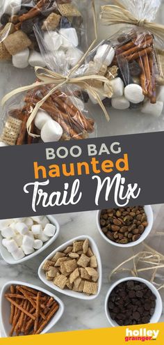 halloween treat mix in white bowls with text overlay that reads boo bag haunted trail mix