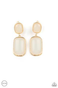 Earrings Meet Me At The Plaza Gold ✨ Earrings Gold Frames, Gold Clips, Silver Frames, The Plaza, Paparazzi Accessories, Milky White, Paparazzi Jewelry, Jewelry Business, Brass Earrings