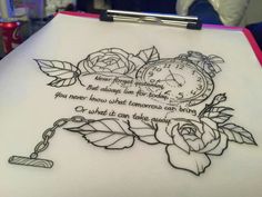 a drawing with roses and a clock on it