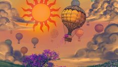 a painting of hot air balloons flying in the sky with clouds and flowers around them