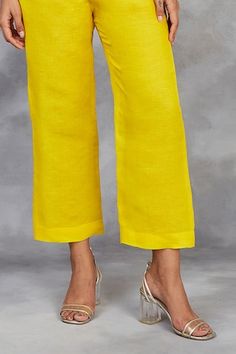 Yellow handwoven linen top with placement silk thread, beads embroidery and box pleat on front yoke. Paired with a straight pant. - Aza Fashions Elegant Linen Sets With Straight Pants, Thread Beads, Pant Women, Beads Embroidery, Yellow Pants, Pant Sets, Box Pleats, Silk Thread, Linen Top