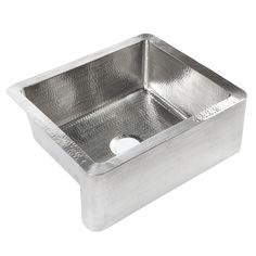 a stainless steel kitchen sink with a square bottom and one hole in the middle, on a white background