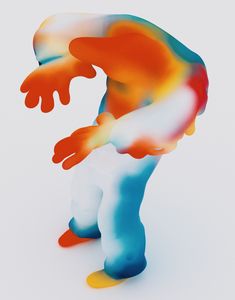 an abstract painting of a person bending over with their hands on his knees and feet spread out