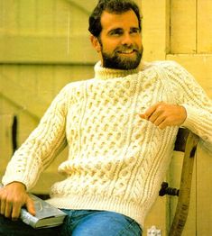 "PDF Instant download Classic Mans Aran Crew Neck Fishermans Aran Sweater Pattern 32\"-46\"~ Aran Knitting Pattern CLASSIC CREW NECK SWEATER WITH RAGLAN SLEEVES Classic Fishermans Sweater Nets Ropes Chains You will need: 4mm & 5mm needles A cable needle. Aran Wool" Aran Sweaters, Aran Knitting, Aran Jumper, Aran Knitting Patterns, Sweater Knitting Pattern, Aran Sweater, Crochet Wool, Fisherman Sweater, Cable Stitch