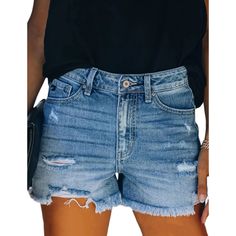 Blue Leisure Ripped Jean Shorts Casual Denim Shorts, Womens Ripped Jeans, Ripped Jean Shorts, Ripped Denim Shorts, Fashion Jeans, Jeans For Short Women, Ripped Denim, Shorts Jeans, Denim Shorts Women