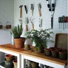 several potted plants and gardening utensils are on the wall in this room