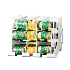 a rack with cans and cups in it