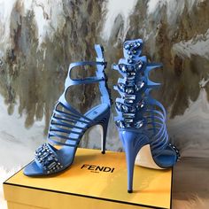 Gorgeous!! From The 2015 Runway Collection!! Retailing At $2200 Plus Tax And Very Hard To Find. Seen On Beyonc As She Strutted Them At The Grammies!! And Also A Favorite Of Jada Pinkett Smith Fendi Blue Leather Crystal Embellished Crocodile Sandal Heels. Eu Sz 39 Blue Leather Cage Sandals With Crystal Embellishments At Uppers, Crocodile Embellished Pattern Running Up The Back Ankle, Resin Heels And Buckle Closures At Ankles. Heels: 4.25" Excellent Condition, Minor Wear At Bottom Soles. Cage Sandals, Jada Pinkett, 2015 Runway, Luxury Jewelry Brands, Jada Pinkett Smith, Caged Sandals, Sandal Heels, Embellished Sandals, Blue Heels