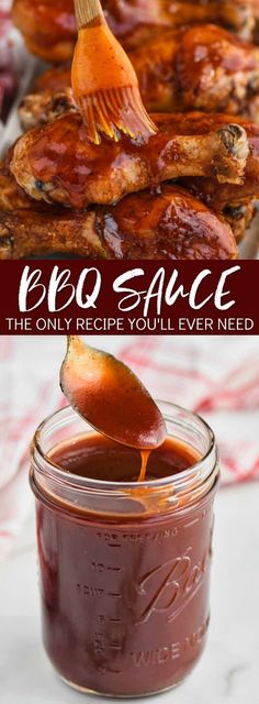 bbq sauce in a mason jar being drizzled over by a spoon