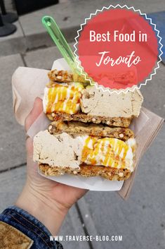 someone holding up some food in their hand with the words best food in toronto above it