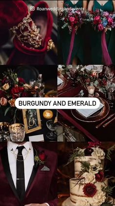 burgundy and emerald green wedding color palettes for the bride, groom, and guests