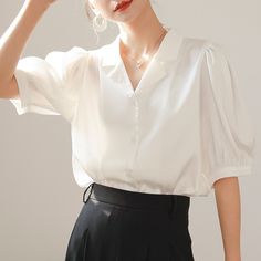 Kukombo Elegant Style Blouse Women Hot Sale All-Match Solid Color Blou Elegant Solid Color Summer Shirt, Summer Solid Color Puff Sleeve Blouse, Elegant Short Sleeve Solid Color Blouse, Elegant Short Sleeve Blouse In Solid Color, Elegant Half Sleeve Summer Blouse, Elegant Half Sleeve Summer Shirt, Solid Color Summer Office Shirt, Solid Color Half Sleeve Summer Blouse, Summer Office Shirt In Solid Color