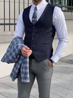 Waist Coat Men Casual, Navy Blue Waistcoat Men, Vest Outfits Men Formal, Men Waistcoat Outfits, Mens Vest Outfits, Navy Blue Vest Outfit, Grey Vest Outfit, Vest Men Outfit