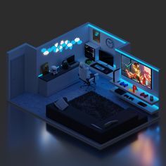 a room with a bed, desk and television in the corner is lit up by blue lights