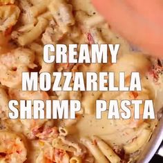 the words creamy mozzarella shrimp pasta are in white letters