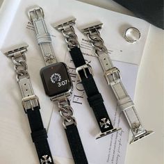 The actual strap is far more stunning than in the photos. Featuring exquisite splicing design, this accessory exudes elegance and modernity, offering a stylish statement for any occasion. Choose from silver, silver-black, black, or black-silver options to suit your individual style and elevate your look with a touch of refinement. 🌟 Features: The silver tones make your skin look radiant and healthy. Adds a touch of elegance to both casual and formal outfits, boosting your confidence. Turns your Luxury Black Watch Bands, Luxury Black Apple Watch Band, Elegant Black Leather Apple Watch Band, Trendy Black Leather Strap Apple Watch Band, Luxury Silver Leather Apple Watch Band, Trendy Silver Watch Band With Leather Strap, Ladies Choice, Leather Apple Watch Band, Bracelet Apple Watch