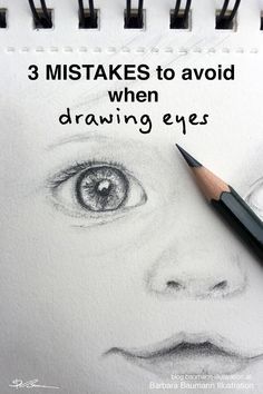 a pencil drawing of a child's face with the words, 3 mistakes to avoid when drawing eyes