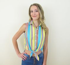 Vintage 90s Jones New York Sport Multi Color Striped Sleeveless Shirt, Size XS/S by retrorocketgirl Summer Cut, Tie Waist Top, Cut Offs, Fun Cute, Striped Tie, Sleeveless Shirt