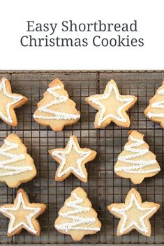 an image of easy shortbread christmas cookies on a cooling rack with white icing