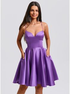 JJ's House Satin V-Neck Fall Spring Summer A-line Plus General Pockets Crossed Straps Simple Minimalist Beautiful Back Skater Dresses Other Colors Height:5.8ft（176cm） Bust:32in（82cm）Waist:24in（61cm）Hips:35in（89cm） No Asymmetrical Purple Sleeveless Homecoming Dress. #JJ's House #Satin #VNeck #Fall #Spring #Summer #Aline #Plus #General #Pockets #CrossedStraps #Simple #Minimalist #BeautifulBack #SkaterDresses #OtherColors #No #Asymmetrical #Purple #Sleeveless #HomecomingDress Purple Satin Prom Dress Homecoming, Light Purple Homecoming Dresses, Grad Dresses Grade 8 Purple, Purple Dress Short Satin, Homecoming Dresses For Freshman, Dark Purple Homecoming Dress, Dark Purple Hoco Dress, Purple V-neck Homecoming Dress, Purple Mini Dress For Cocktail & Prom Season