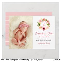 a birth announcement card with a baby's photo and floral wreath on the front