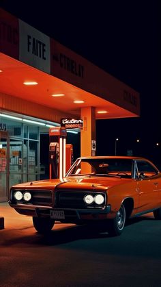 an orange car is parked in front of a gas station at night with the lights on