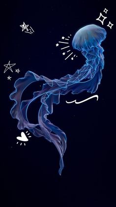 a blue jellyfish floating in the air with stars and hearts around it's neck