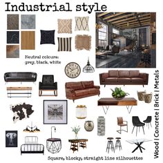 an industrial style living room is shown in this graphic design guide for the homeownershiper