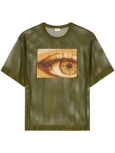 olive green mesh panelling semi-sheer construction graphic print to the front round neck short sleeves straight hem Versace Sneakers, City Shorts, Tom Dixon, Balenciaga Triple S, Custom Watch, Summer Beach Wear, Short Suit, Dries Van Noten, T Shirt Vest