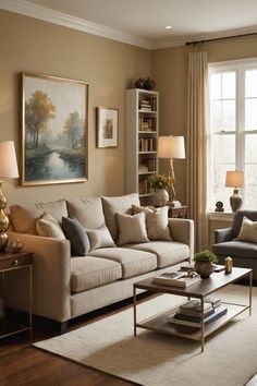 a living room filled with furniture and a painting hanging on the wall above a coffee table