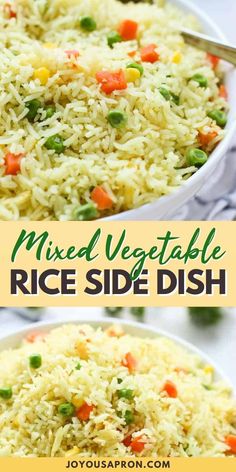 rice side dish with peas and carrots in a white bowl on a yellow background