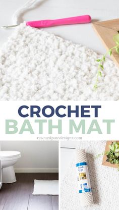 crochet bath mat with text overlay