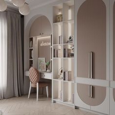 a room with a desk, chair and bookcase on the wall next to a window