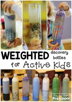 a collage of different bottles filled with liquid and sand for kids to play in