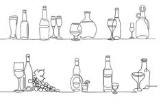 bottles and glasses are lined up on the shelf with grapes, wineglasses, and other items