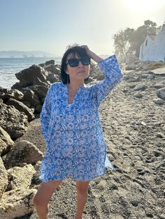 Cotton tunic Cotton Split Neck Tops For Beach, Blue Split Neck Top For Beach, Summer Long Sleeve Tunic For Loungewear, Summer Cotton Blouse For The Beach, Summer Cotton Beach Blouse, Cotton V-neck Tunic For Vacation, Beach Printed Cotton Blouse, V-neck Cotton Tunic For Vacation, Summer Beach Cotton Blouse