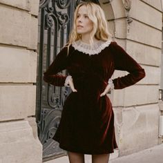 With Ruffled Edwardian Collar And Cuff Details Burgundy Velvet Dress Flattering Shape Soft Viscose & Silk Material Size Xs Doen Dress, Organza Collar, Burgundy Velvet Dress, Burgundy Velvet, Event Outfit, Woman's Fashion, A Line Mini Skirt, Vintage Inspired Dresses, Dress Crafts