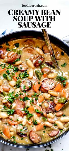 a bowl of creamy bean soup with sausage