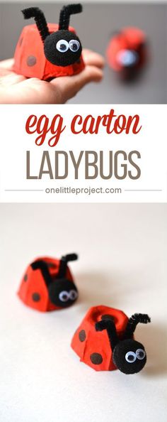 an egg carton ladybug made out of construction paper with eyes on it