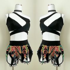 Item Details: MADE TO ORDER 🖤 Top is a one shoulder style that ties in the back. Jagged edge skirt with 12 edges. Top jagged edge point measures 4.5in away from waist band, bottom jagged edge point measures 11in away from waist band. Skirt is cheeky. Waistband of the skirt is stretchy. Black sequin fabric for detailing.  A rave hood can be made upon request in the rainbow sequin fabric! *Under garments are not included**Necklace not included* Model in picture is wearing size Small. 25-27 waist, Colorful Rave Outfit, Rave Hood, Summer Rave Outfits, Festival Fits, Outfit Rave, Edm Festival Outfit, Rave Looks, Festival Aesthetic, Pixie Skirt