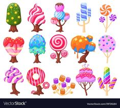 various candy trees and candies on a white background