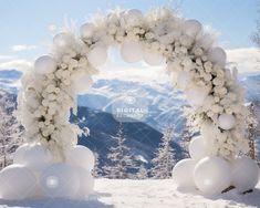 an arch made out of white balloons and flowers on top of snow covered ground with mountains in the background