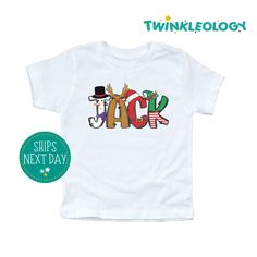 "Personalized Christmas Kids Shirt - Cute Christmas Name Toddler Shirt - Personalized Custom Name Toddler Shirt - Custom Christmas Shirt If you're like us and love your kid looking cute all the time, then this super soft, Christmas Shirt is going to make your day! Designed with stylish mamas in mind. **Sizing Tip** Shirts are designed on 100% Cotton. They tend to run true to size. They have a ribbed collar, double needle stitched and bottom hemmed. HOW TO ORDER: 1. Choose the quantity you would like to purchase. 2. Enter any specific notes you would like seller to know in the \"Note to Seller\" section. 3. Click \"Add to cart\". For multiple items go back to the listings and repeat the same steps /DETAILS - 100% Cotton - Machine Washable - Short Sleeve - 100% Handmade in the USA /CARE INST Soft Christmas, Christmas Shirts For Kids, Christmas Names, Movie Clips, Christmas Kids, Kids Graphic Tees, Cute Christmas, Toddler Sizes, Custom Christmas