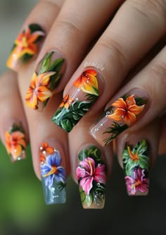 Tropical Nail Art Hawaii, Nails Ideas Yellow, Hawaii Nails Ideas, Hawaiian Nail Art, Aloha Nails, Easy Nail Designs For Beginners, Vibrant Nail Designs