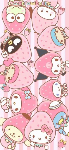 an image of some cartoon characters in pink and white colors with the words happy birthday on it